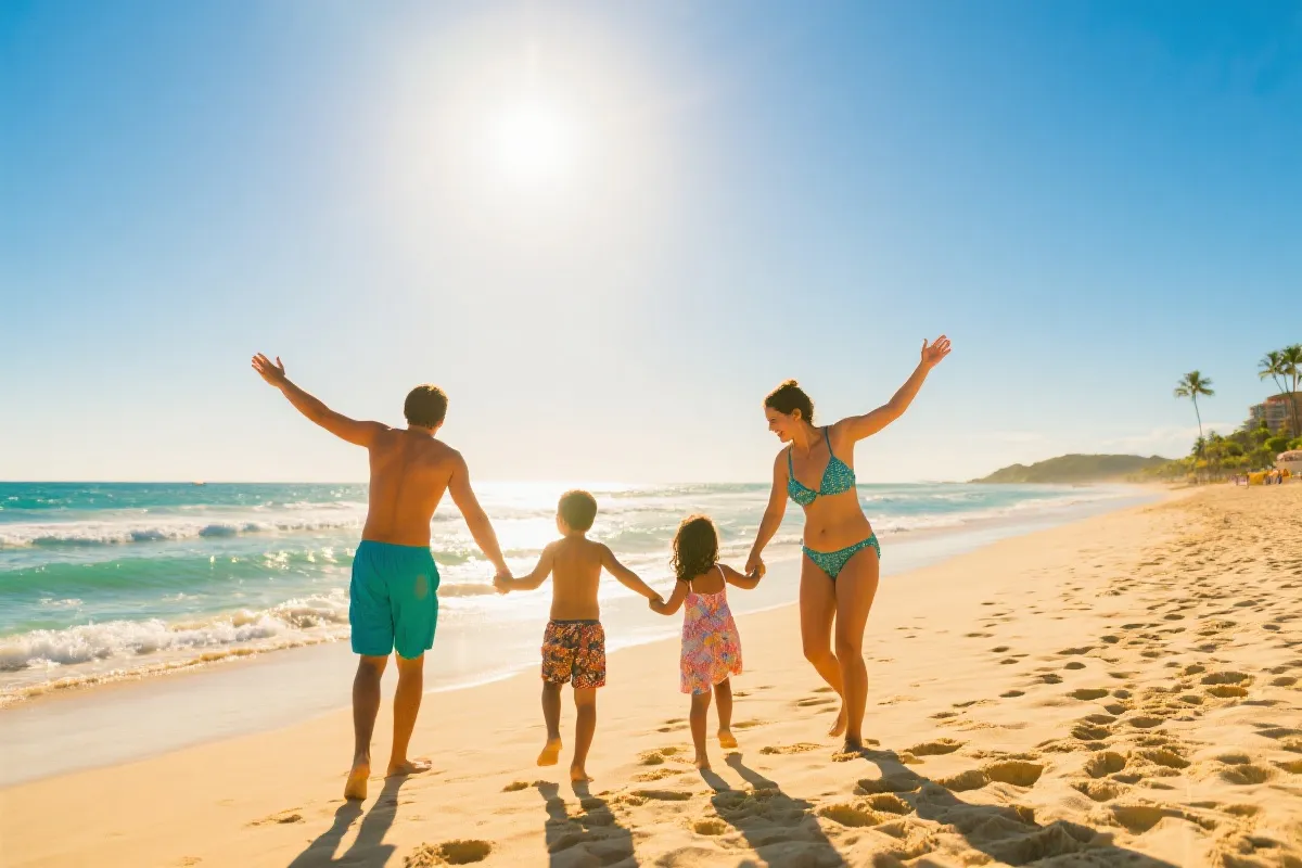 墨西哥海滩度假，一家人在阳光下享受假期